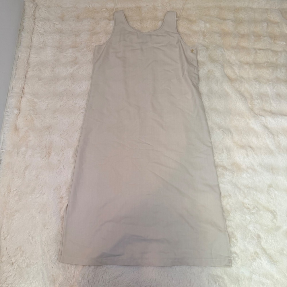 Tan Khaki Sleeveless Side Button Midi Shift Dress Neutral Minimalist Tan L